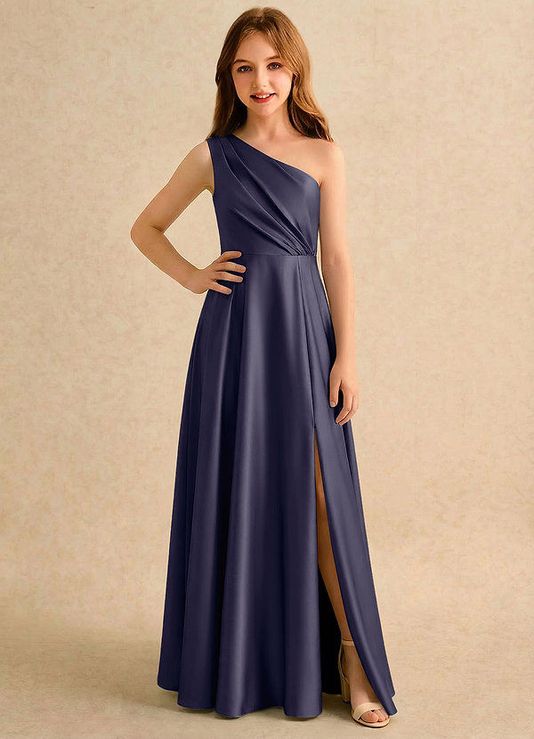 Azazie Puddles Girls Formal Robes de Fillette d'Honneur Robe Trapèze en Satin extensible Une épaule Bleu Orageux image1