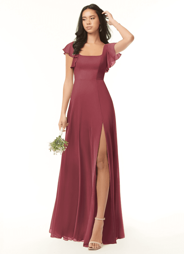 Azazie Bondi Bridesmaid Dresses Merlot A-Line Ruffled Chiffon Dress image1