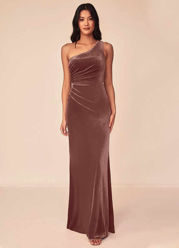 Azazie Argan Bridesmaid Dresses Rustic Rose A-Line One Shoulder Pleated Velvet Dress image1