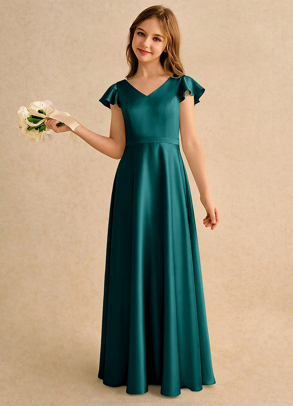 Azazie Nari Girls Formal Sukienki dla dziewczynek sypiących kwiaty Linia A z rękawami Satyna elastyczna Długość podłogi Sukienka image1