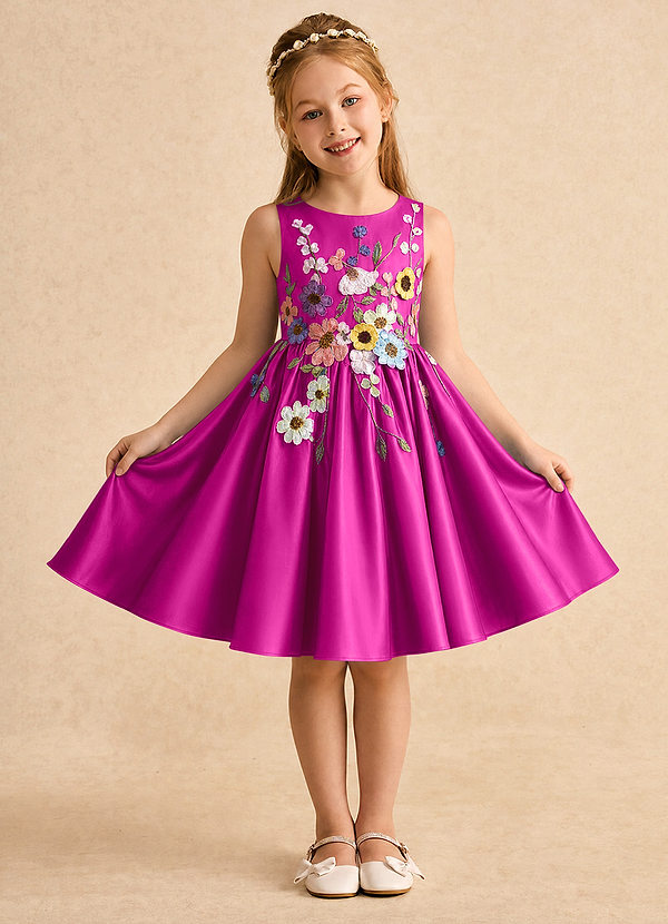 Azazie Prima Blumenkinder Kleider A-Linie Schleifen Matte Satin Kleid Fuchsia image1