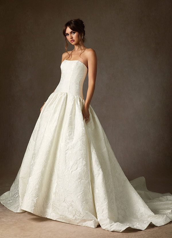 Azazie Gloria Wedding Dresses Antique White Ball-Gown Strapless Floral Jacquard Dress image1