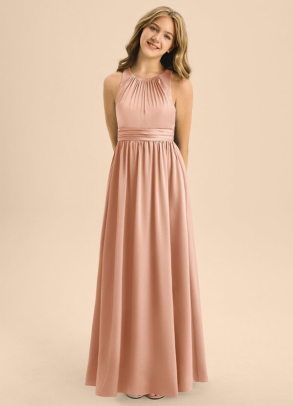 Azazie Jaylah Junior Rose Gold A-Line Pleated Stretch Satin Dress image1