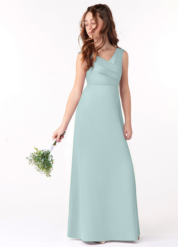 Azazie Sadia Junior Mist A-Line Pleated Stretch Satin Dress image1