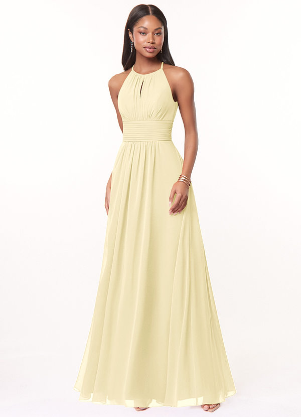 Azazie Bonnie Bridesmaid Dresses Lemon Sorbet A-Line Keyhole Ruched Chiffon Dress image1