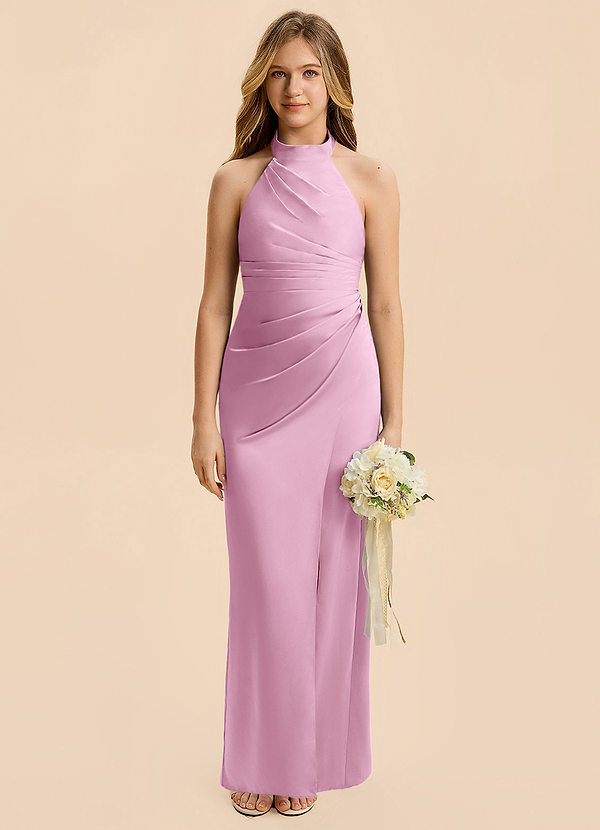 Azazie Jemma Junior Candy Pink Sheath Ruched Stretch Satin Dress image1