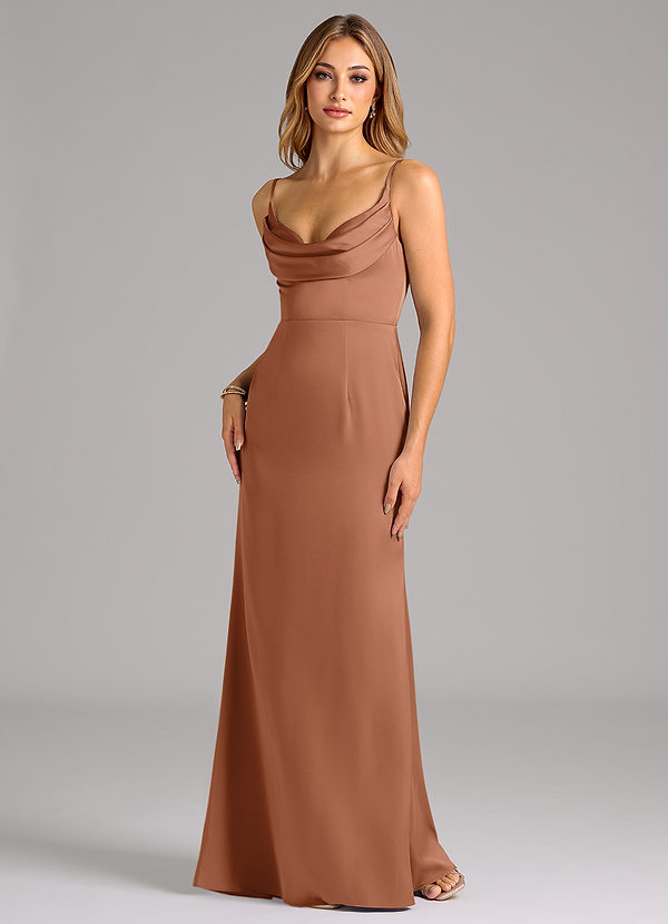 Azazie Aimee Robes Demoiselle d'honneur Robe Trapèze en Satin extensible Encolure en Forme de Cœur Bronze image1