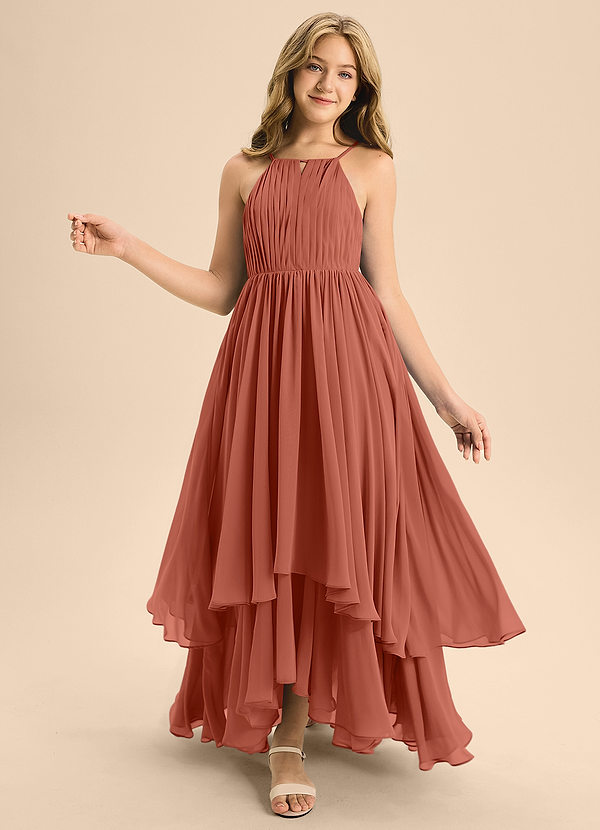 Azazie Elliora Junior A-Linie Plissee Chiffon Kleid Lehm image1