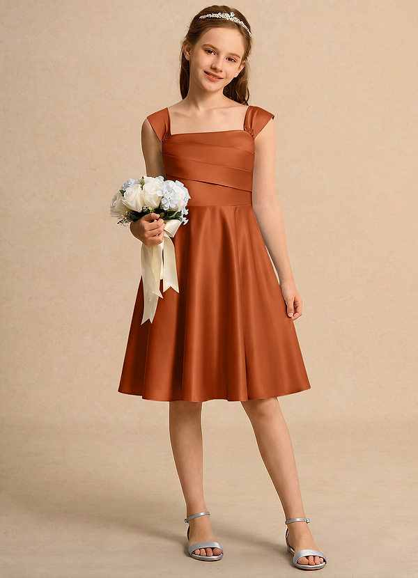Azazie Budle Flower Girl Dresses Burnt Orange A-Line Pleated Matte Satin Dress image1