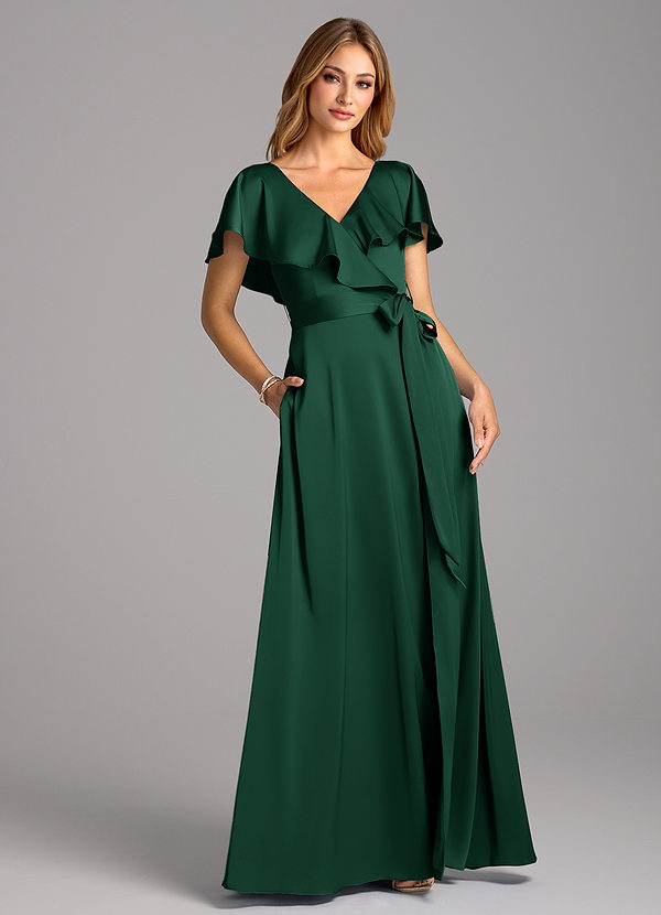 Azazie Lainey Bridesmaid Dresses Dark Green A-Line with Pockets Stretch Satin Dress image1