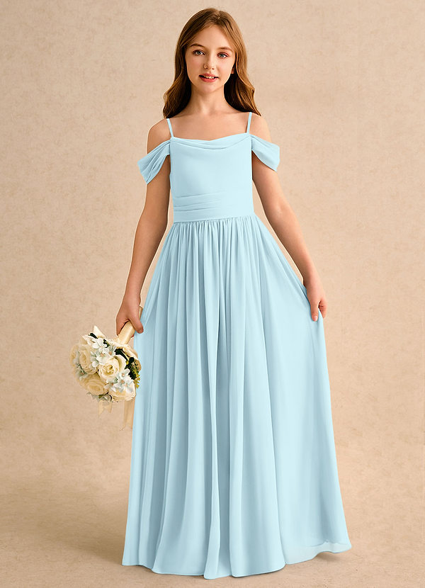 Azazie Shia Girls Formal Robes de cortège enfant Robe Trapèze en Mousseline de soie Épaules dénudées Bleu Nuage image1