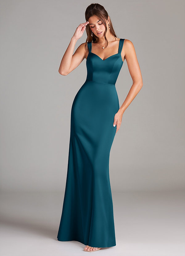 Azazie Denice Bridesmaid Dresses Ink Blue Sheath Pleated Stretch Satin Dress image1