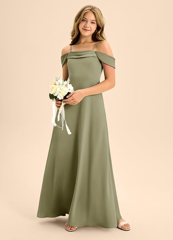 Azazie Anselie Junior Pistachio A-Line Off the Shoulder Stretch Satin Dress image1