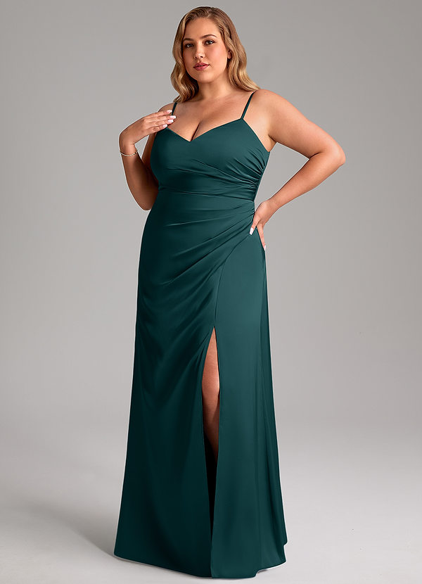 Azazie Azuree Bridesmaid Dresses Pine A-Line Pleated Stretch Satin Dress image1