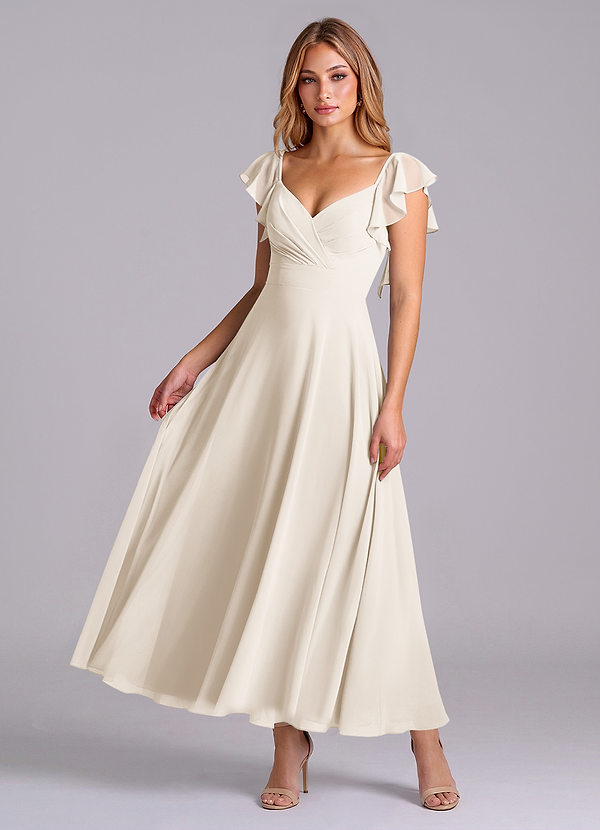 Azazie Leilani Robes de demoiselle d'honneur Robe Trapèze en Mousseline de soie Drapé Albâtre Blanc image1