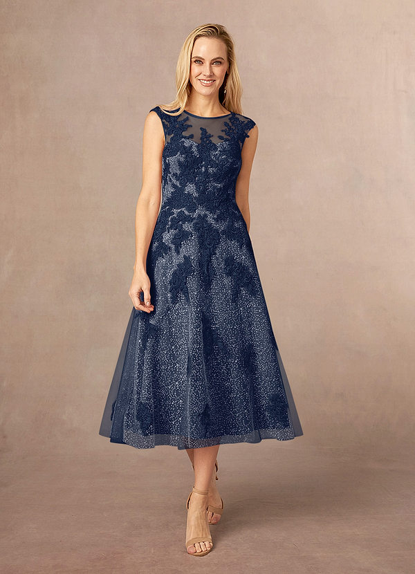 Azazie Flynn Mother of the Brides Dresses Dark Navy A-Line Boatneck Lace Tulle Dress image1