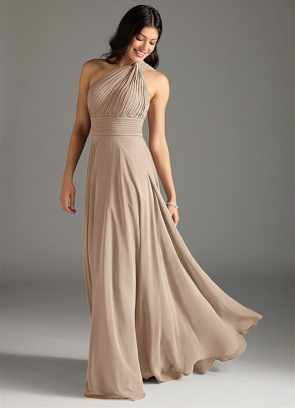 Azazie Charlize Bridesmaid Dresses Taupe A-Line One Shoulder Chiffon Dress image1