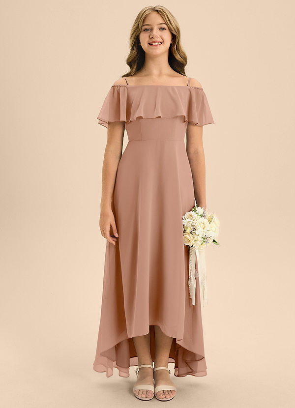 Azazie Maggie Junior A-Linie Schulterfrei Chiffon Kleid Champagner Rosa image1