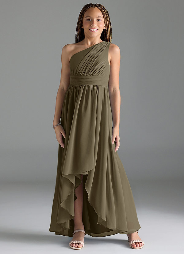 Azazie Mathilda Junior Willow Green A-Line Pleated Chiffon Dress image1