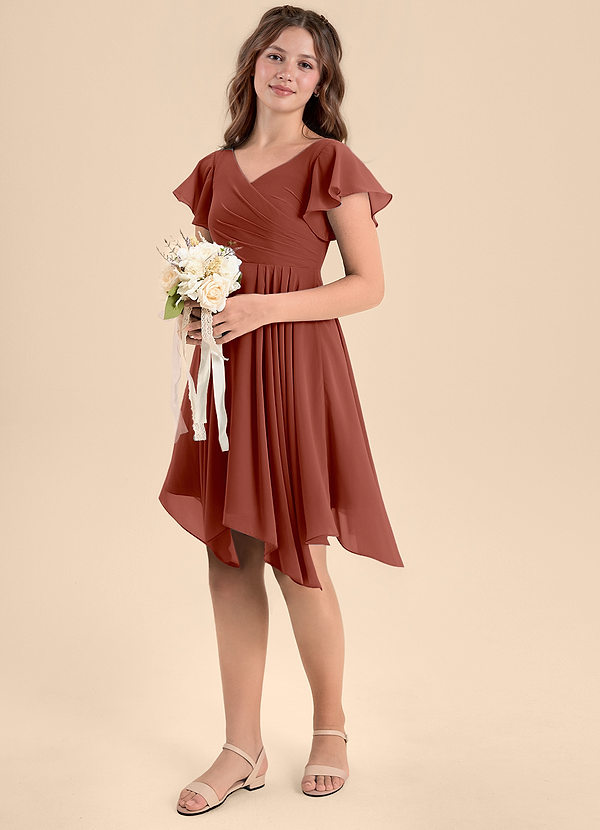 Azazie Janeaurelia Junior Auburn A-Line Pleated Chiffon Dress image1