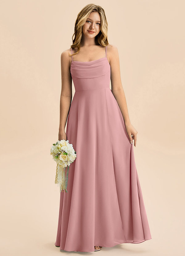 Azazie Bear Junior A라인 주름진 쉬폰 플로어 길이 주니어 신부 들러리 드레스 image1