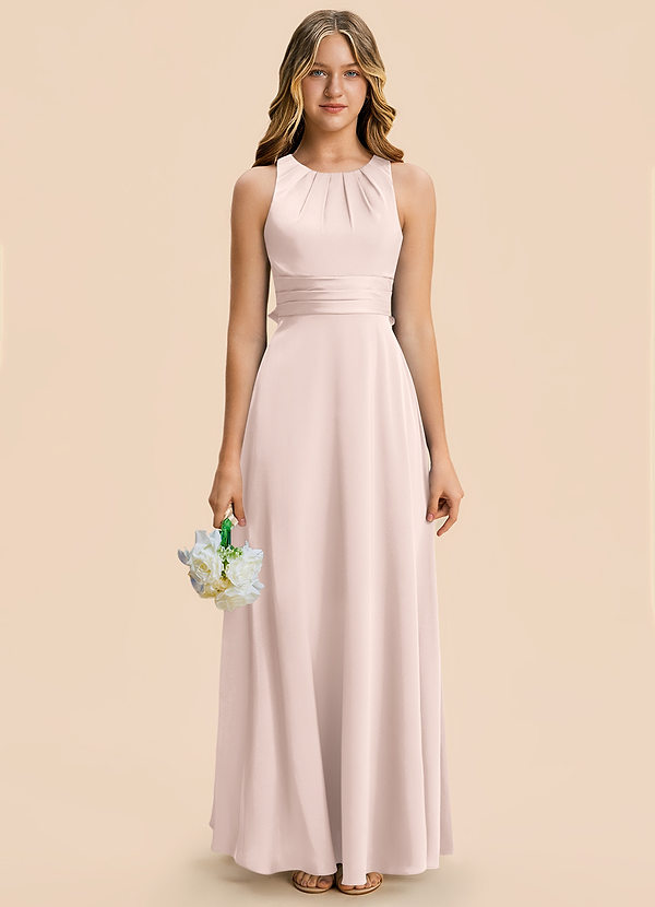 Azazie Christina Junior Vestido Rosa Rubor de Satén Elástico de Corte en A con Drapeado image1