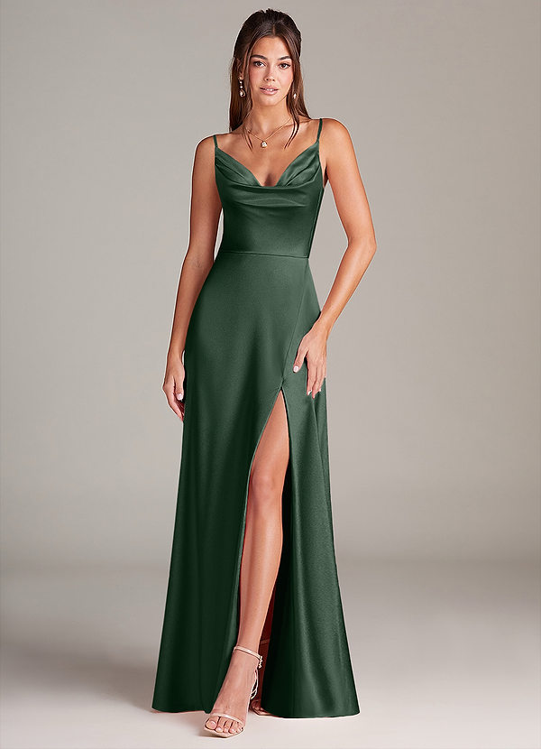 Azazie Sarella Brautjungfernkleider A-Linie mit Taschen Metallischer Satin Kleid Eukalyptus image1