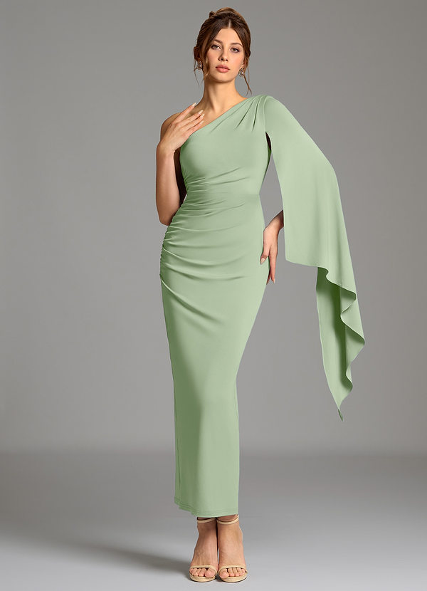 Azazie Jana Robes Demoiselle d'honneur Robe Fourreau en Jersey extensible de qualité supérieure Manche longue Vert Sauge image1