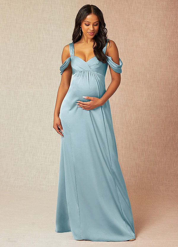 Azazie Rhea Maternity Bridesmaid Dresses A-Line Off-The-Shouler Pleated Stretch Satin Floor-Length Dress image1