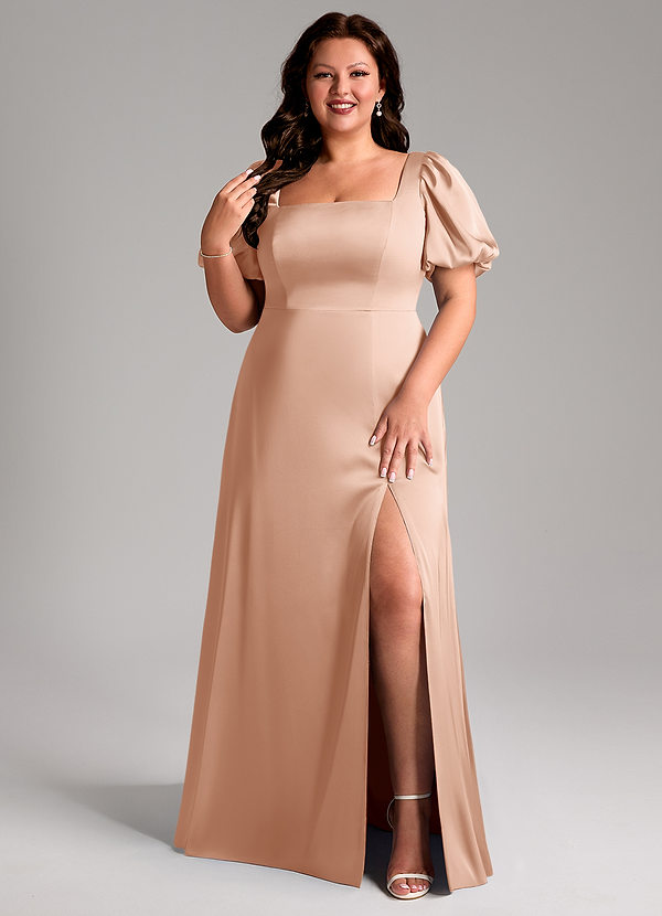 Azazie Fyona Bridesmaid Dresses Rose Gold A-Line Pleated Stretch Satin Dress image1