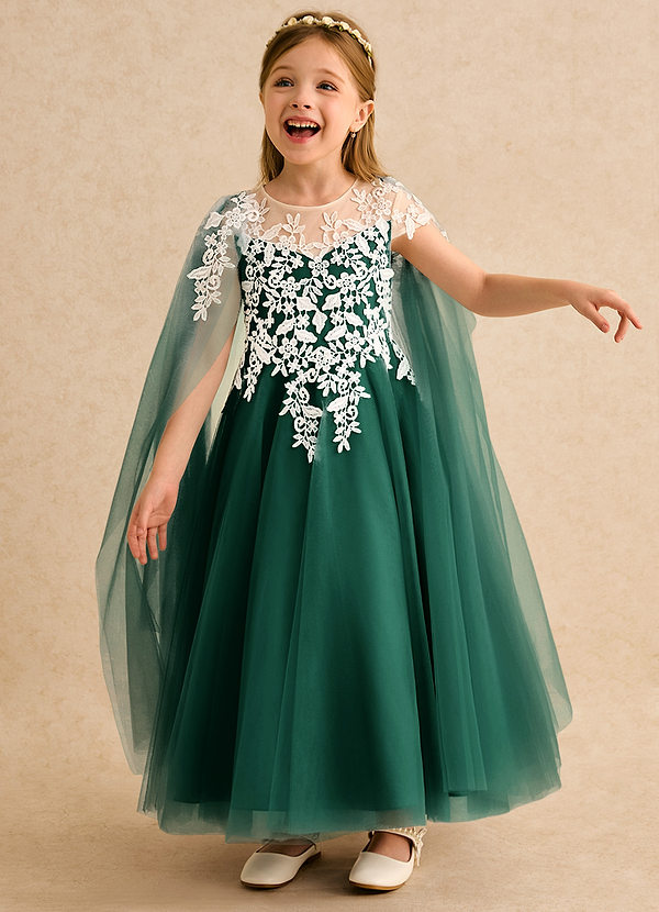 Azazie Dandelion Robes de Fillette d'Honneur Robe Princesse en Dentelle émeraude image1