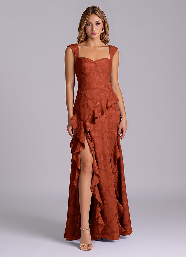 Azazie Sloane 신부 들러리 드레스 A라인 스윗하트 네크라인 플로럴 번아웃 바닥 길이 드레스 image1