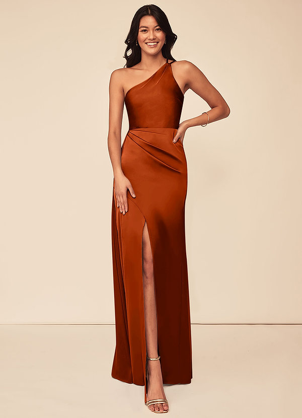 Azazie Maron Bridesmaid Dresses Paprika A-Line One Shoulder Stretch Satin Dress image1