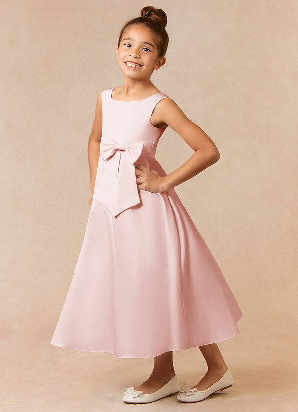 Azazie Lindy Vestidos de Niña de Flores Vestido de Rosa Rubor de Satin Mate de Acampanado con Plisado image1