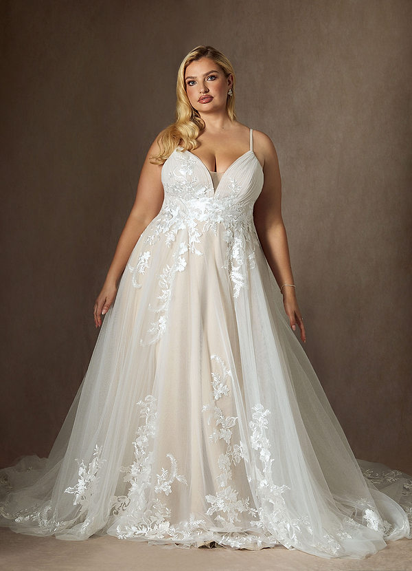 Azazie Rhodes Wedding Dresses Diamond White Champagne A-Line V-Neck Sequins Tulle Dress image1