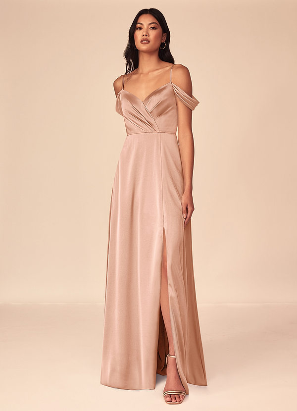 Azazie Ocean Bridesmaid Dresses Rose Gold A-Line V-Neck Pleated Stretch Satin Dress image1