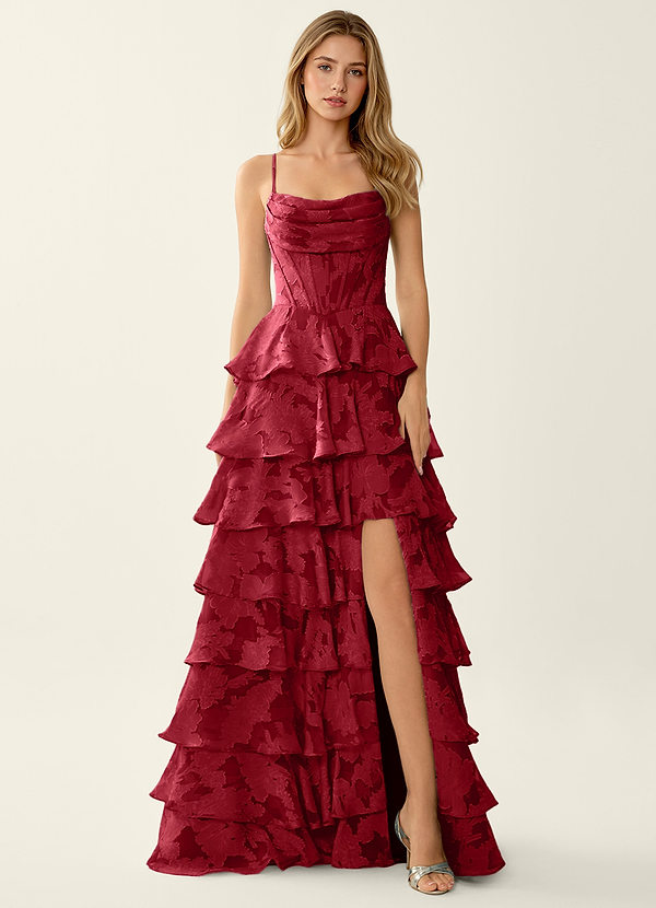 Wrenana Ruby Red Textured Floral Jacquard Prom Dress | Azazie