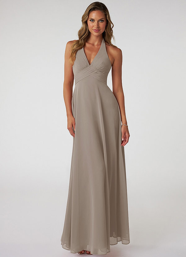 Azazie Tessie Bridesmaid Dresses Taupe A-Line V-Neck Pleated Chiffon Dress image1