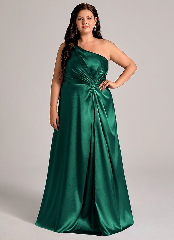 Azazie Brooke Bridesmaid Dresses Emerald A-Line One Shoulder Metallic Satin Dress image1