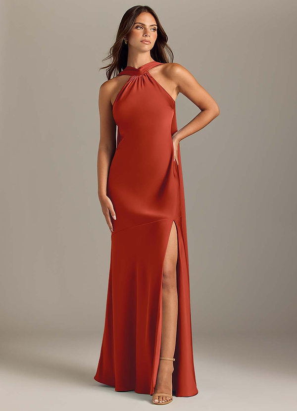 Azazie Kinsley Vestidos de Dama de Honor Vestido Ferrugem de Cetim elástico de sereia com Racha Lateral image1