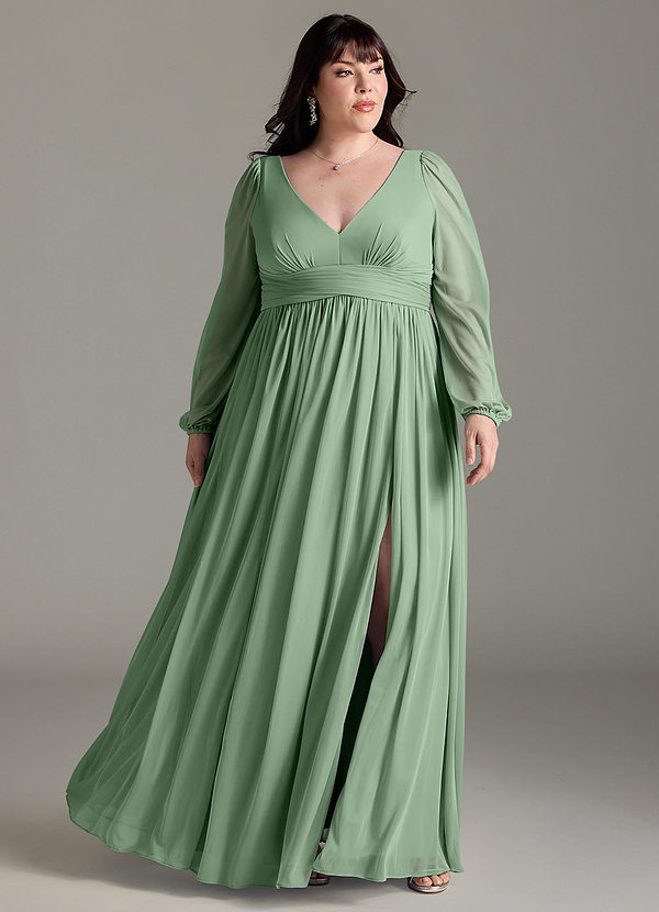 Azazie Norah Brautjungfernkleider A-Linie Lange Ärmel mit V-Ausschnitt Chiffon Kleid Matcha image1