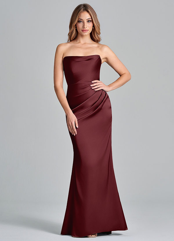 Azazie Olea 신부 들러리 드레스 인어 스트랩리스 스트레치 새틴 바닥 길이 드레스 image1