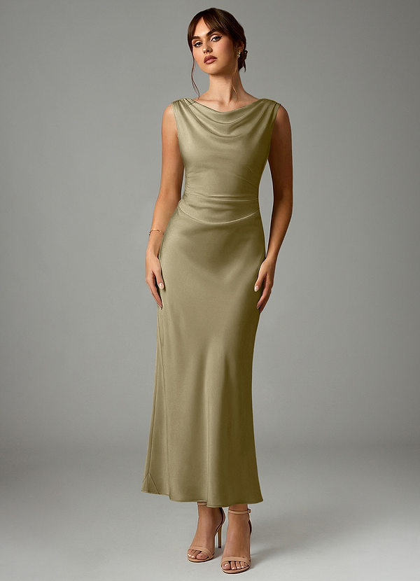 Azazie Kieryn Robes Demoiselle d'honneur Robe Sirène en Satin extensible Plissée Vert Mousse image1