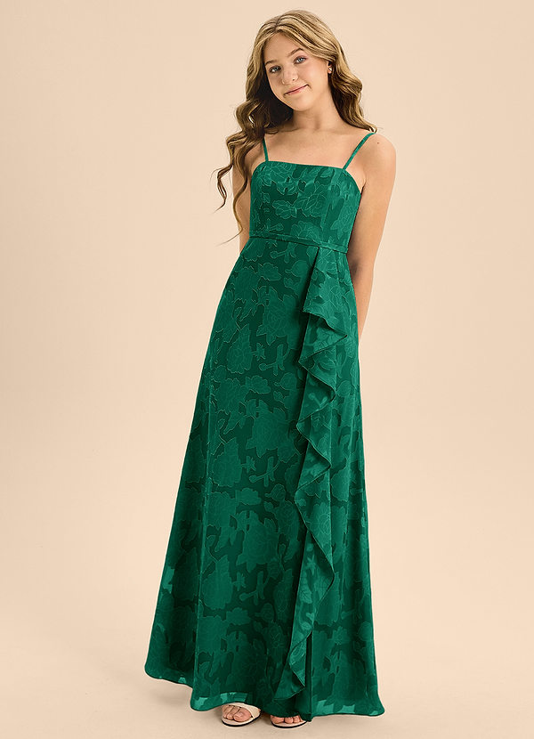 Azazie Kaylee Junior Emerald A-Line with Belt Floral Burnout Dress image1