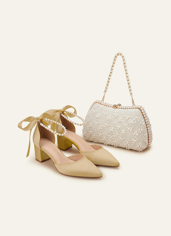 front Matching Color Matte Satin Pearl and Bow Pointed Toe Block Heels & Beaded Clutch Set