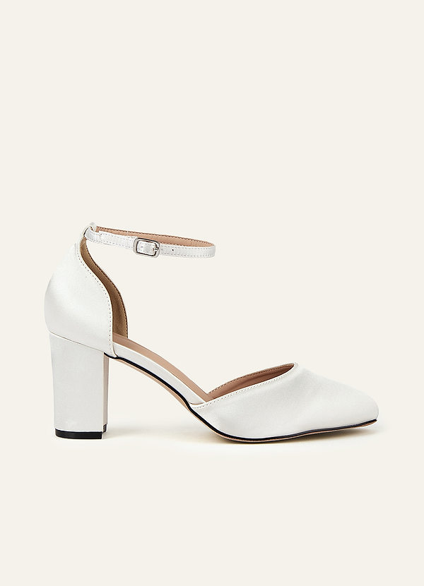front Satin Ankle Strap Pointed Toe Block Heels