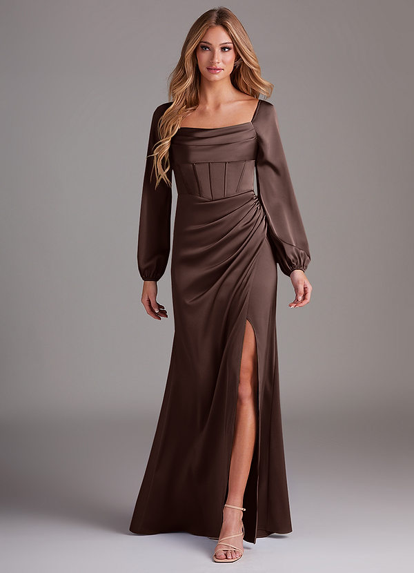 Azazie Charissa Bridesmaid Dresses Ganache Sheath Long Sleeve Stretch Satin Dress image1