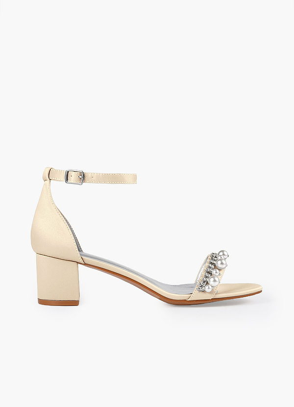 front Matching Color Matte Satin Pearl and Rhinestone Block Heel Sandals