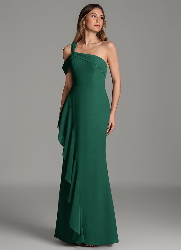 Azazie Ashlynn Vestidos de dama de honor Vestido Esmeralda de Gasa de Corte Sirena con Hombros descubiertos image1