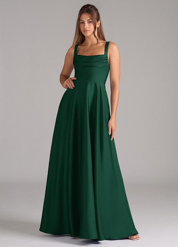 Azazie Shaude Bridesmaid Dresses Dark Green A-Line Pleated Stretch Satin Dress image1